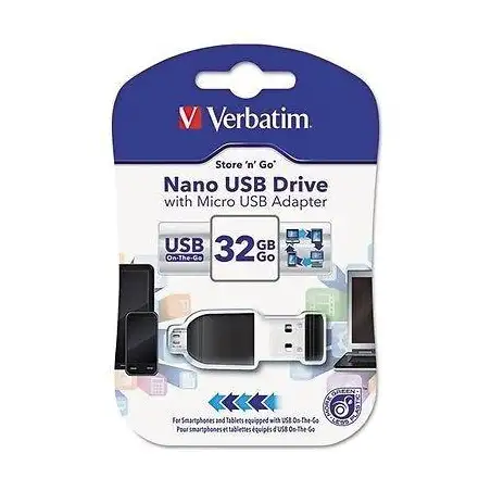(49822) VERBATIM PENDRIVE NANO ON-THE-GO 32GB USB 2.0 OTG CON ADAPTADOR MICRO USB NEGRO