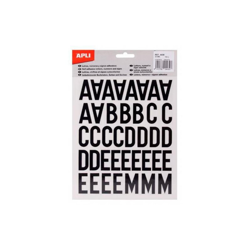 (04430) APLI LETRAS ADHESIVAS MAYÚSCULAS 30MM 4 HOJAS NEGRO