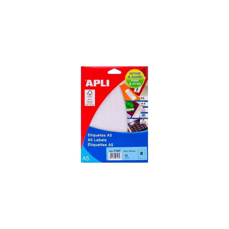 (07107) APLI ETIQUETAS ADHESIVAS 105X148MM MANUAL/IMPRESIÓN C/RECTOS 2 X 15H BLANCO