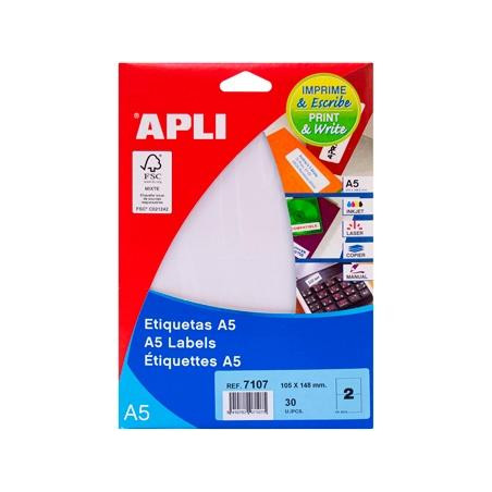 (07107) APLI ETIQUETAS ADHESIVAS 105X148MM MANUAL/IMPRESIÓN C/RECTOS 2 X 15H BLANCO