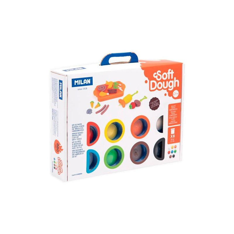 (913308BBQ) MILAN PASTA BLANDA SOFT DOUGH BOTE 59GR COLORES SURTIDOS MALETÍN 8 UD + HERRAMIENTAS BARBACOA