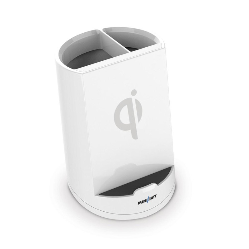 (MB-PWCUP) MNIBATT CARGADOR INALÁMBRICO QI DE SOBREMESA COLOR BLANCO - DISEÑO DE LAPICERO - DOS BOBINAS DE INDUCCIÓN DE 10W