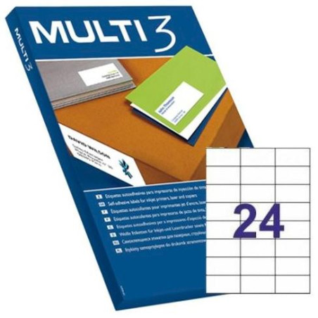 (04704) MULTI-3 ETIQUETAS ADHESIVAS 70X37MM INKJET/LÁSER C/RECTOS 24 X 100H BLANCO