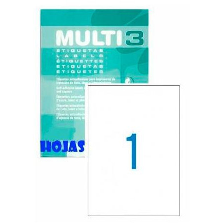 (04714) MULTI-3 ETIQUETAS ADHESIVAS 210X297 INKJET/LÁSER C/RECTOS 1 X 100 H BLANCO