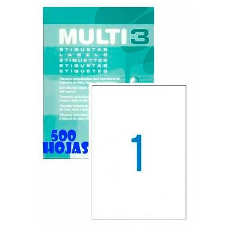 (10533) MULTI-3 ETIQUETAS ADHESIVAS 210X297MM INKJET/LÁSER C/RECTOS 1 X 500H BLANCO