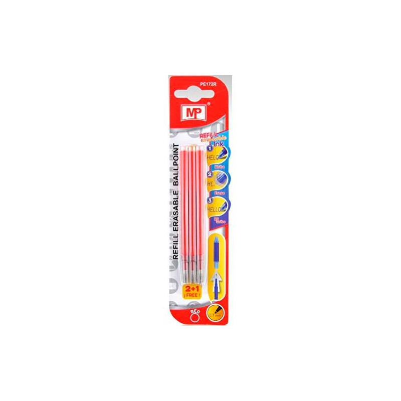 (PE172R) RECAMBIO BOLÍGRAFO TINTA BORRABLE RETRÁCTIL 0.7MM ROJO BLÍSTER 3 UD