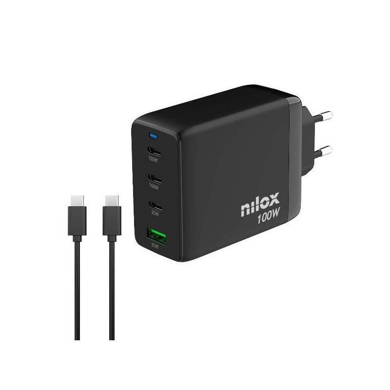 (NXGANUSBC100) NILOX CARGADOR UNIVERSAL GAN 100W 4 PUERTOS Y CABLE USB-C A ESB-C DE 2 METROS NEGRO