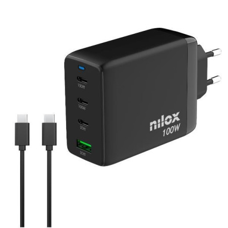 (NXGANUSBC100) NILOX CARGADOR UNIVERSAL GAN 100W 4 PUERTOS Y CABLE USB-C A ESB-C DE 2 METROS NEGRO