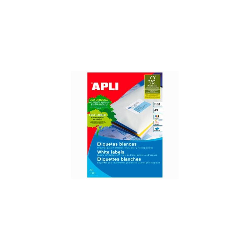 (11352) APLI ETIQUETAS ADHESIVAS 297X420MM INKJET/LÁSER C/RECTOS 1 X 100H A3 BLANCO