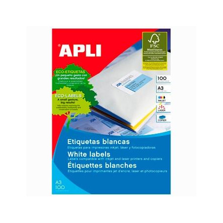 (11352) APLI ETIQUETAS ADHESIVAS 297X420MM INKJET/LÁSER C/RECTOS 1 X 100H A3 BLANCO