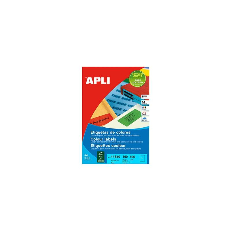 (11840) APLI ETIQUETAS ADHESIVAS 210X297MM INKJET/LÁSER C/RECTOS 1 X 100H ROJO