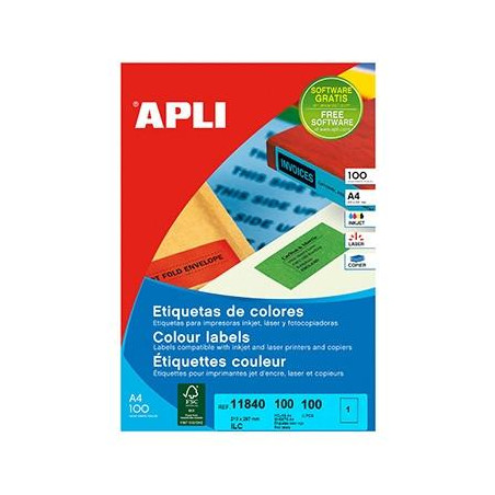 (11840) APLI ETIQUETAS ADHESIVAS 210X297MM INKJET/LÁSER C/RECTOS 1 X 100H ROJO