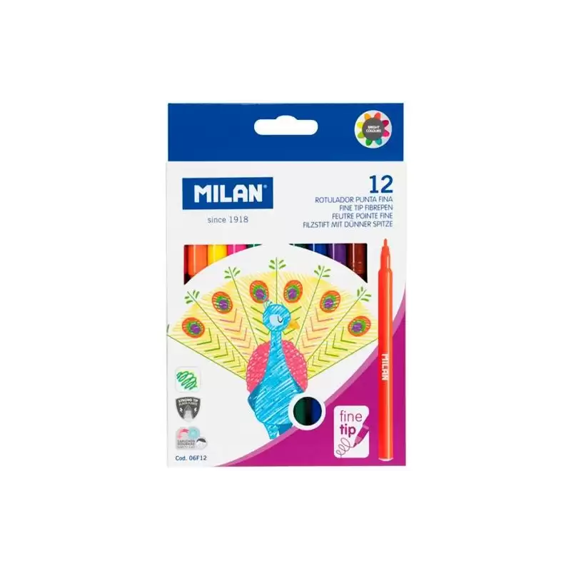 (06F12) MILAN ROTULADORES PUNTA FINA 2MM COLORES SURTIDOS ESTUCHE 12 UD
