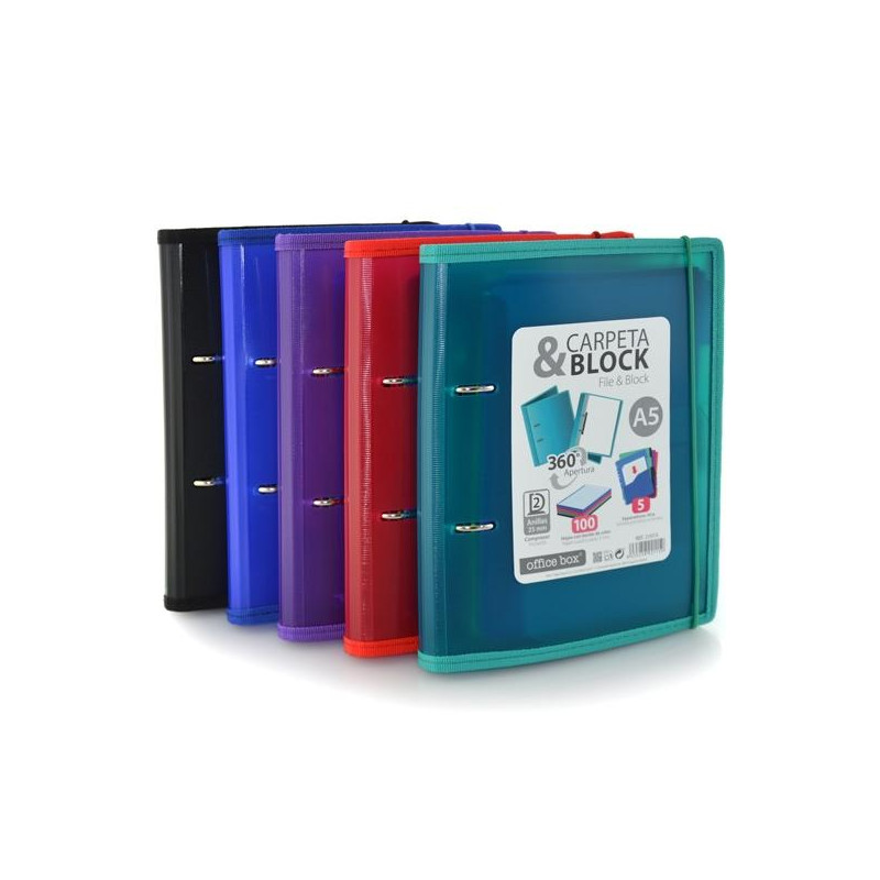 (21015) OFFICE BOX CARPETA & BLOCK SUPRA ANILLAS D 2X25MM A5 100H CIERRE C/GOMA TAPA PP COLORES SURTIDOS