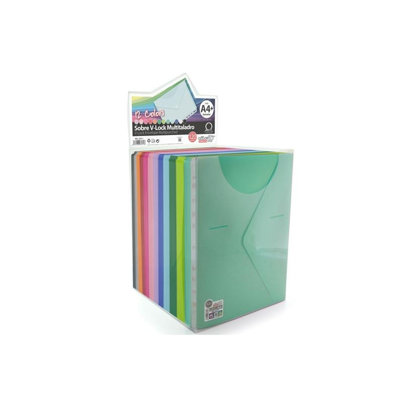 (35311) OFFICE BOX CARPETA SOBRE COLORLINE A4+/FOLIO MULTITALADRO CIERRE V-LOCK PP C/SURTIDOS EXPOSITOR 120 UD
