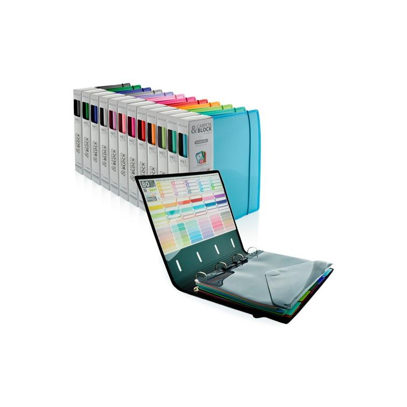 (43211) OFFICE BOX CARPETA & BLOCK COLORLINE ANILLAS D 4X32MM A4+ 100H 5X5 CIERRE C/GOMA TAPA PP COLORES SURTIDOS