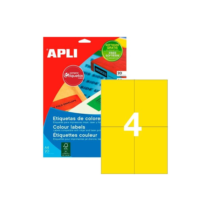 (12991) APLI ETIQUETAS ADHESIVAS 105X148MM INKJET/LÁSER C/RECTOS 4 X 20H AMARILLO