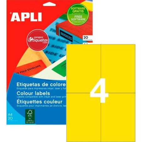 (12991) APLI ETIQUETAS ADHESIVAS 105X148MM INKJET/LÁSER C/RECTOS 4 X 20H AMARILLO