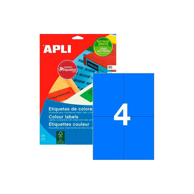 (12992) APLI ETIQUETAS ADHESIVAS 105X148MM INKJET/LÁSER C/RECTOS 4 X 20H AZUL