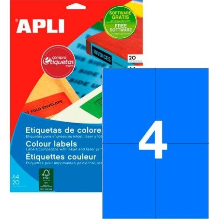 (12992) APLI ETIQUETAS ADHESIVAS 105X148MM INKJET/LÁSER C/RECTOS 4 X 20H AZUL