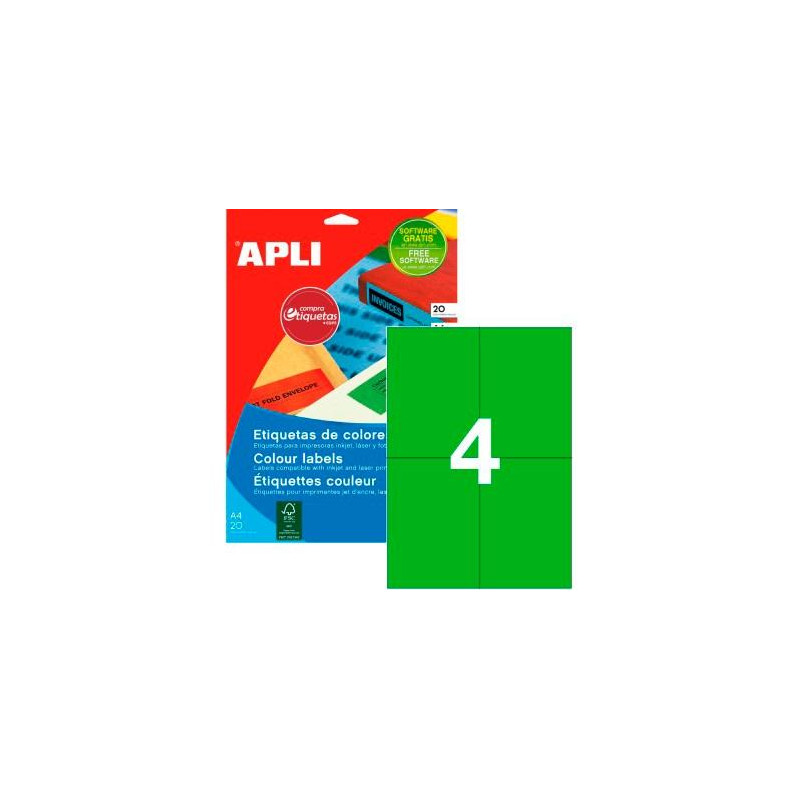 (12994) APLI ETIQUETAS ADHESIVAS 105X148MM INKJET/LÁSER C/RECTOS 4 X 20H VERDE