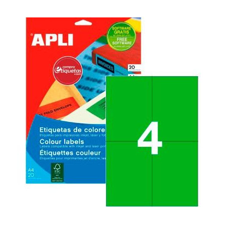 (12994) APLI ETIQUETAS ADHESIVAS 105X148MM INKJET/LÁSER C/RECTOS 4 X 20H VERDE