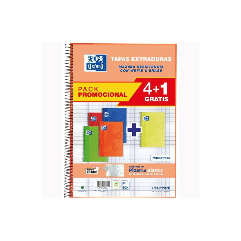 (100430276) OXFORD CUADERNO ESPIRAL WRITE&ERASE 80H FOLIO MILIMETRADO C/MARGEN T/EXTRADURA PACK 4+1 C/SURTIDOS VIVOS