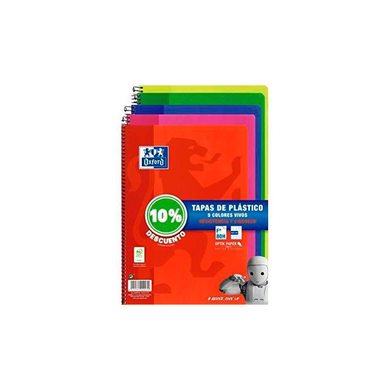 (400091365) OXFORD CUADERNO ESPIRAL 80H FOLIO 4X4MM C/MARGEN TAPA DE PLÁSTICO PACK 5 UD (10% DTO) C/SURTIDOS VIVOS