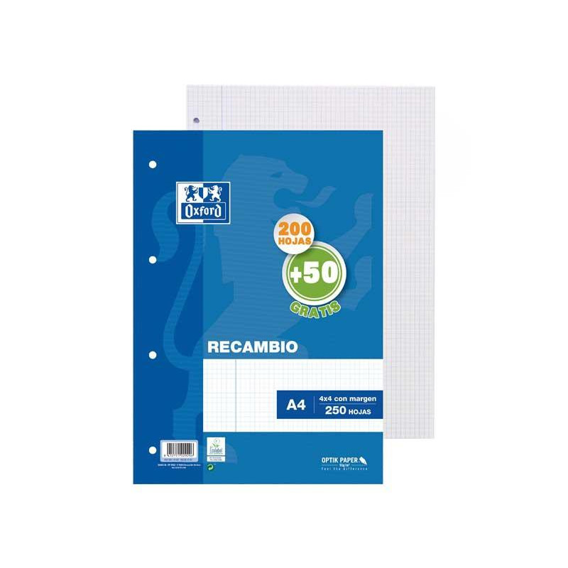 (400119437) OXFORD RECAMBIO 200H + 50H A4 SUELTAS 90GR 4X4MM C/MARGEN 4 TALADROS