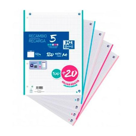(400146851) OXFORD RECAMBIO CLASSIC 100H + 20H GRATIS A4 SUELTAS 90GR 5X5MM 4 TALADROS 5 BANDAS COLORES PASTEL
