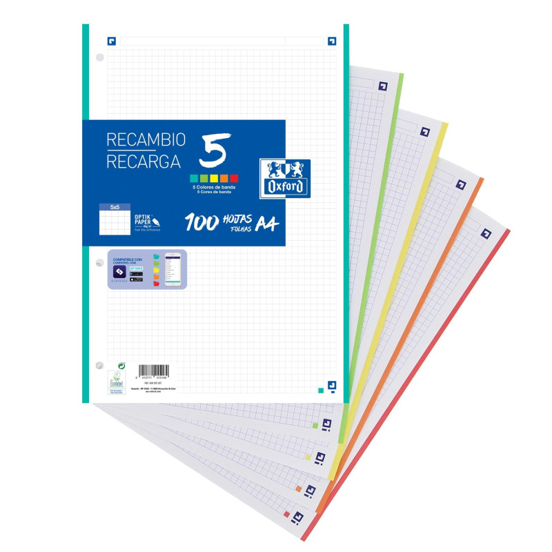 (400148310) OXFORD RECAMBIO CLASSIC 100H + 20H GRATIS A4 SUELTAS 90GR 5X5MM 4 TALADROS 5 BANDAS COLORES VIVOS