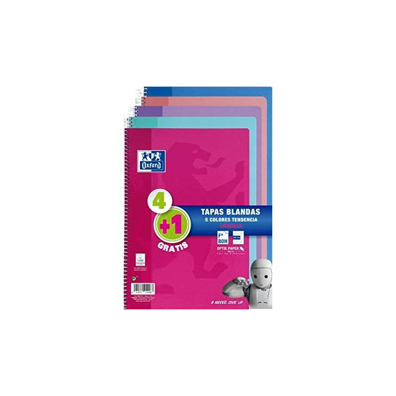 (400072719) OXFORD CUADERNO ESPIRAL 80H FOLIO 4X4M C/MARGEN TAPA BLANDA PACK 4+1 UD C/SURTIDOS TENDENCIA
