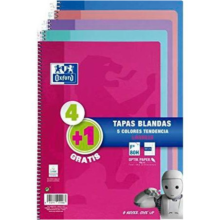 (400072719) OXFORD CUADERNO ESPIRAL 80H FOLIO 4X4M C/MARGEN TAPA BLANDA PACK 4+1 UD C/SURTIDOS TENDENCIA
