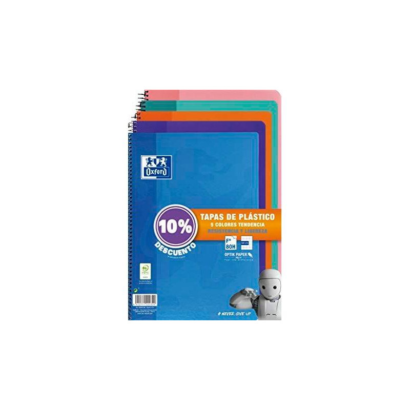 (400091366) OXFORD CUADERNO ESPIRAL 80H FOLIO 4X4MM C/MARGEN TAPA DE PLÁSTICO PACK 5 UD (10% DTO) C/SURTIDOS TENDENCIA