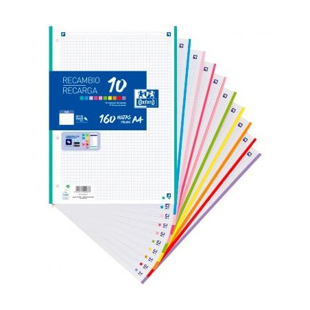 (400106627) OXFORD RECAMBIO CLASSIC 160H A4 SUELTAS 90GR 5X5MM 4 TALADROS 10 BANDAS COLORES