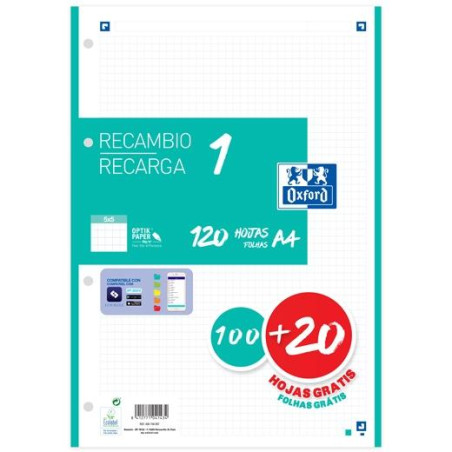 (400158057) OXFORD RECAMBIO CLASSIC 120 HOJAS A4 SUELTAS 90GR 5X5MM 4 TALADROS 1 BANDA COLOR ICE MINT