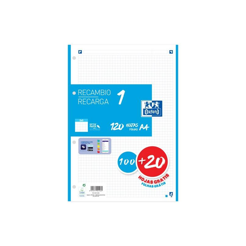 (400158058) OXFORD RECAMBIO CLASSIC 120 HOJAS A4 SUELTAS 90GR 5X5MM 4 TALADROS 1 BANDA COLOR AZUL TURQUESA