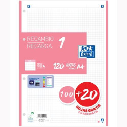 (400158161) OXFORD RECAMBIO CLASSIC 120 HOJAS A4 SUELTAS 90GR 5X5MM 4 TALADROS 1 BANDA COLOR ROSA CHICLE
