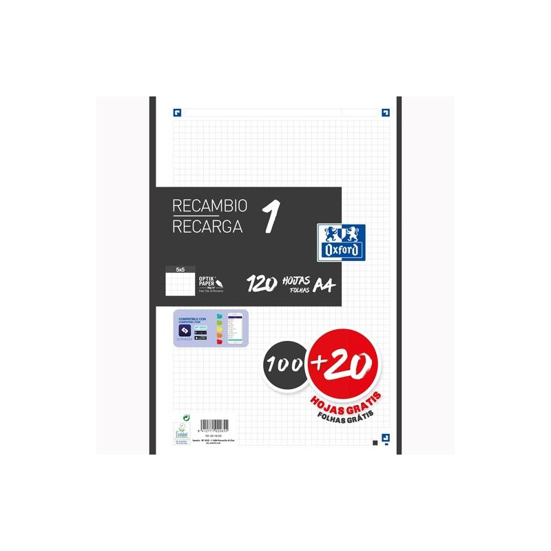 (400158165) OXFORD RECAMBIO CLASSIC 120 HOJAS A4 SUELTAS 90GR 5X5MM 4 TALADROS 1 BANDA COLOR NEGRO