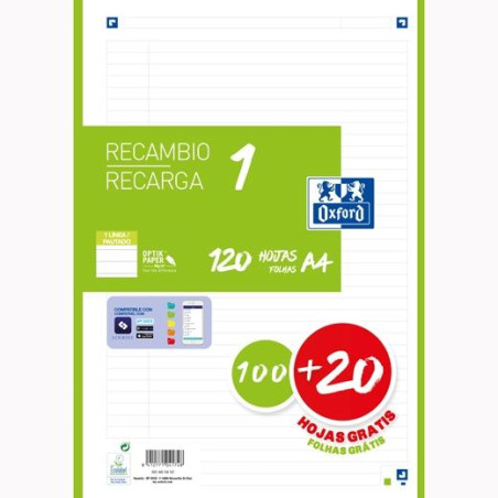 (400158167) OXFORD RECAMBIO CLASSIC 120 HOJAS A4 SUELTAS 90GR 1 LÍNEA 4 TALADROS 1 BANDA COLOR VERDE