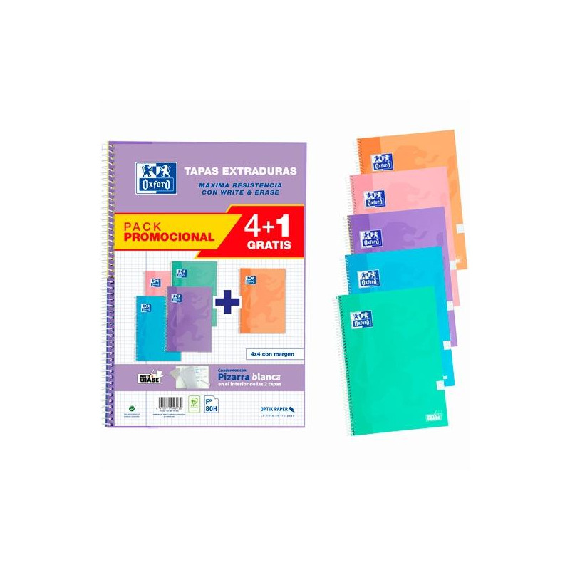 (400159802) OXFORD CUADERNO ESPIRAL WRITE&ERASE 80H FOLIO 4X4MM C/MARGEN T/EXTRADURA C/SURTIDOS PASTEL PACK 4+1