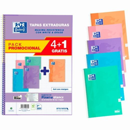 (400159802) OXFORD CUADERNO ESPIRAL WRITE&ERASE 80H FOLIO 4X4MM C/MARGEN T/EXTRADURA C/SURTIDOS PASTEL PACK 4+1