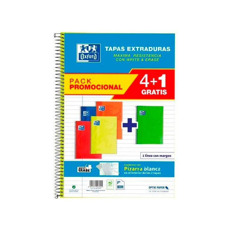 (400172032) OXFORD CUADERNO ESPIRAL CLASSIC WHITE&ERASE 80H FOLIO 1 LÍNEA T/EXTRADURA PACK 4+1 C/SURTIDOS