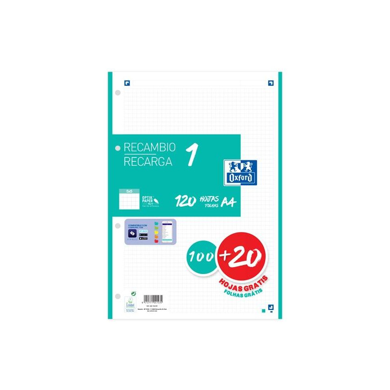 (400158057) OXFORD RECAMBIO CLASSIC 120 HOJAS A4 SUELTAS 90GR 5X5MM 4 TALADROS 1 BANDA COLOR ICE MINT