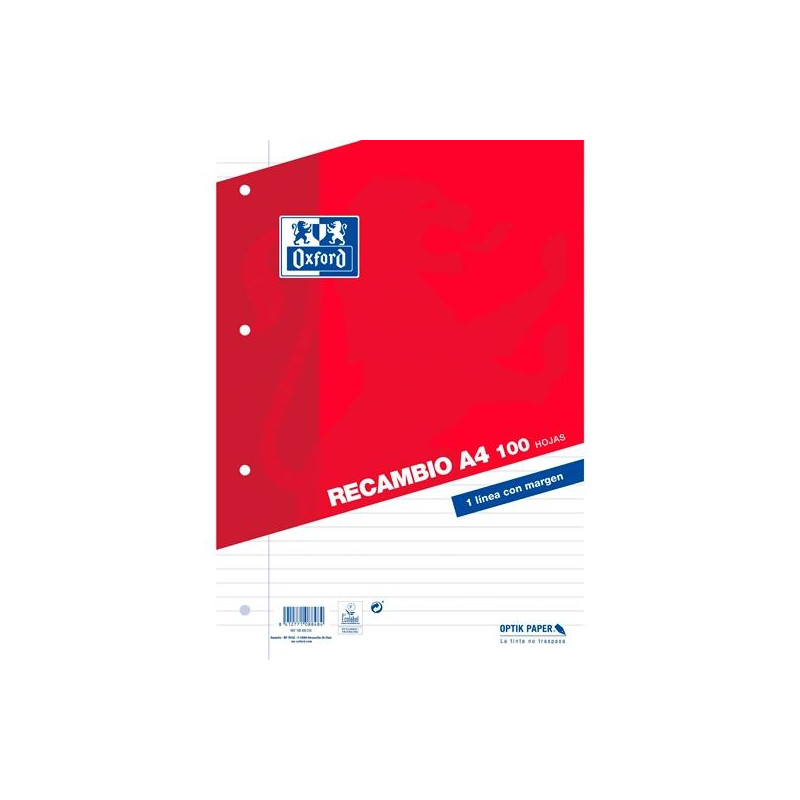 (400173743) OXFORD RECAMBIO CLASSIC 100H A4 SUELTAS 1 LÍNEA C/MARGEN 4 TALADROS ROJO