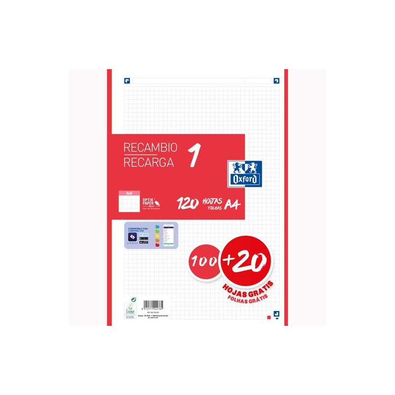 (400158162) OXFORD RECAMBIO CLASSIC 120 HOJAS A4 SUELTAS 90GR 5X5MM 4 TALADROS 1 BANDA COLOR ROJO