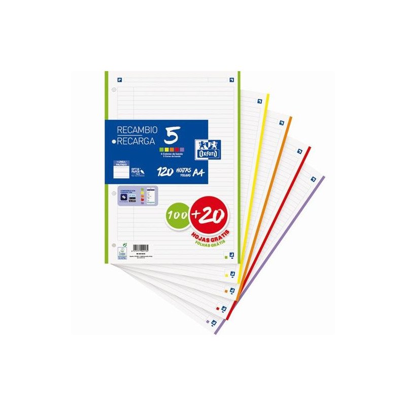 (400158519) OXFORD RECAMBIO 100H + 20H GRATIS A4 SUELTAS 90GR 1 LÍNEA 4 TALADROS 5 BANDAS COLORES VIVOS
