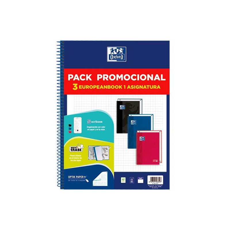 (400195024) OXFORD CUADERNO SCHOOL EUROPEANBOOK 1 CLASSIC WRITE&ERASE 80H A4 5X5 T/EXTRADURA C/SURTIDOS PACK PROMOCIONAL 3 UD