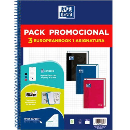 (400195024) OXFORD CUADERNO SCHOOL EUROPEANBOOK 1 CLASSIC WRITE&ERASE 80H A4 5X5 T/EXTRADURA C/SURTIDOS PACK PROMOCIONAL 3 UD