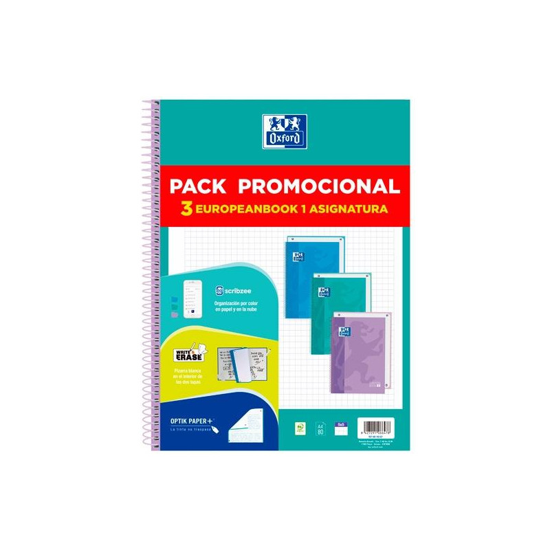 (400195027) OXFORD CUADERNO EUROPEANBOOK 1 TOUCH WRITE&ERASE 80H A4 5X5 T/EXTRADURA C/SURTIDOS PASTEL PACK PROMOCIONAL 3 UD